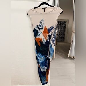 BCBGMaxAzria Asymmetrical Dress in Blue and Orange Abstract